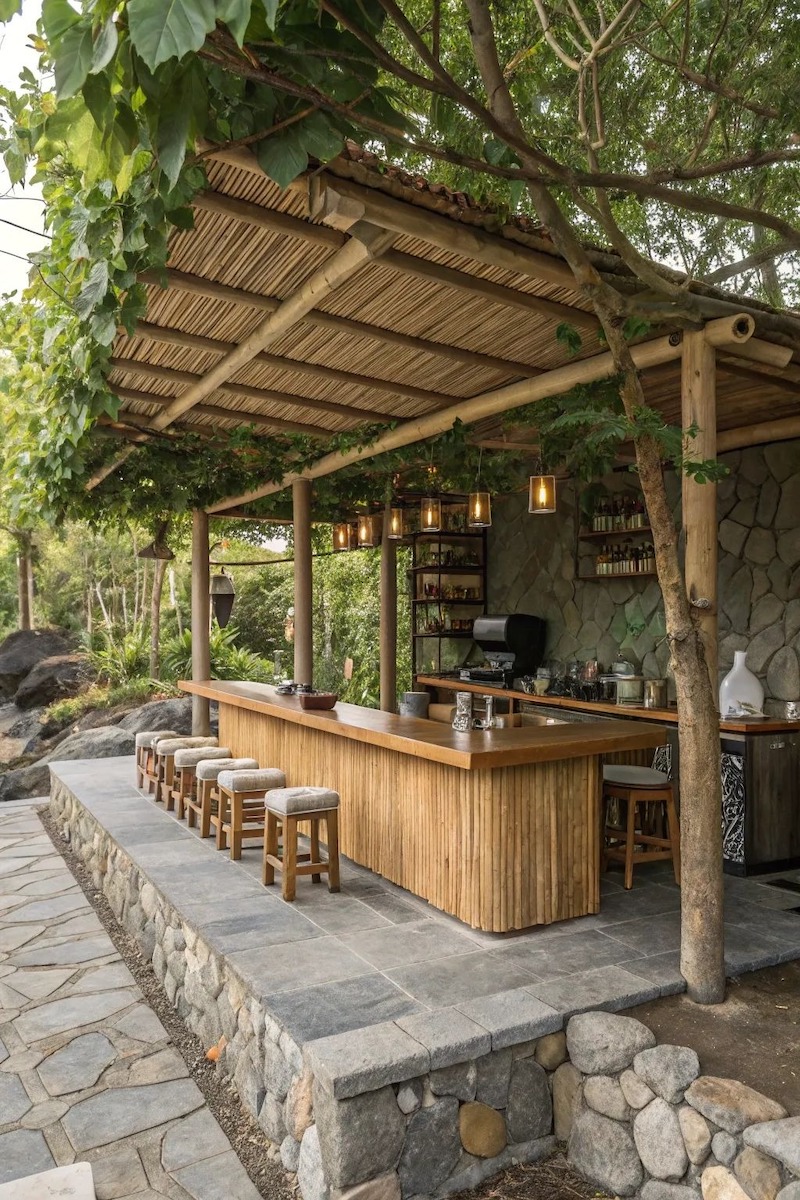 Thiết kế quán cafe bằng tre phong cách mộc mạc, truyền thống phù hợp với các mô hình quán sân vườn hoặc khu du lịch sinh thái