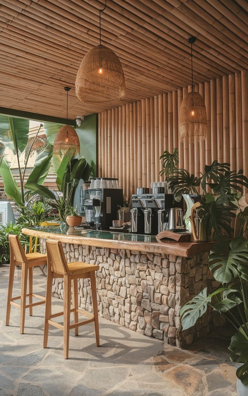 Thiết kế quán cafe bằng tre phong cách hiện đại – kết hợp mang đến vẻ đẹp tinh tế nhờ sự hòa trộn giữa tre và các vật liệu như kính, bê tông, gỗ