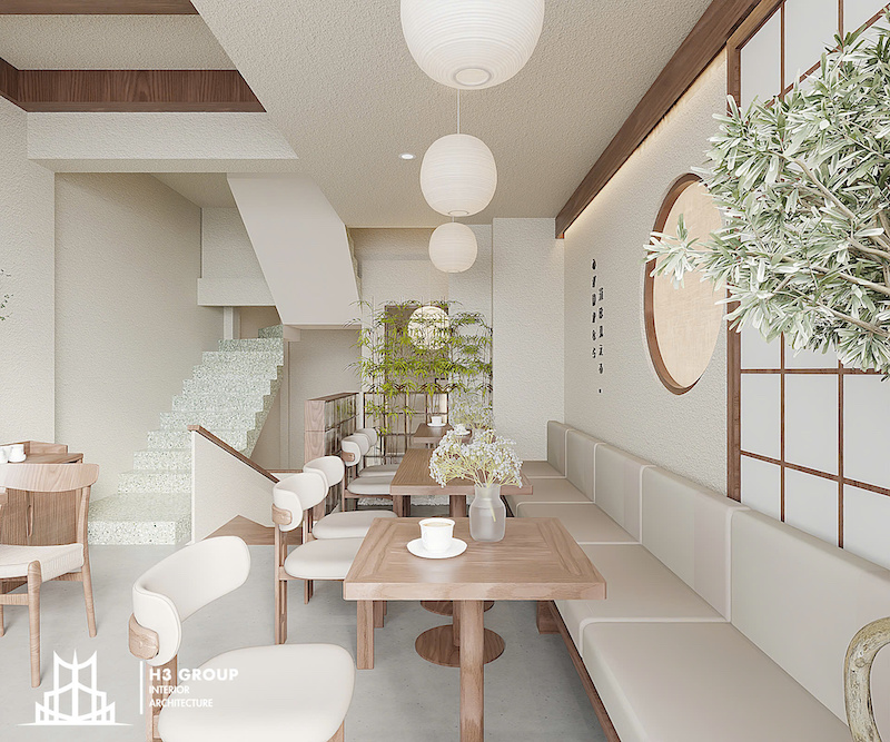 AKAUMI Cafe được nhấn mạnh bởi chất liệu gỗ tự nhiên xuyên suốt