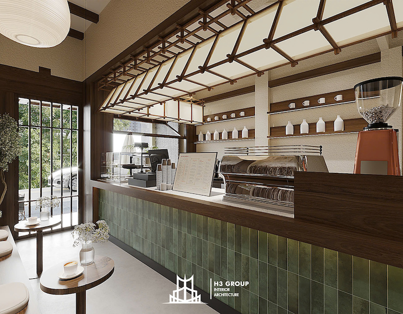 khách hàng sẽ được chào đón bởi quầy bar pha chế được đặt ngay lối vào