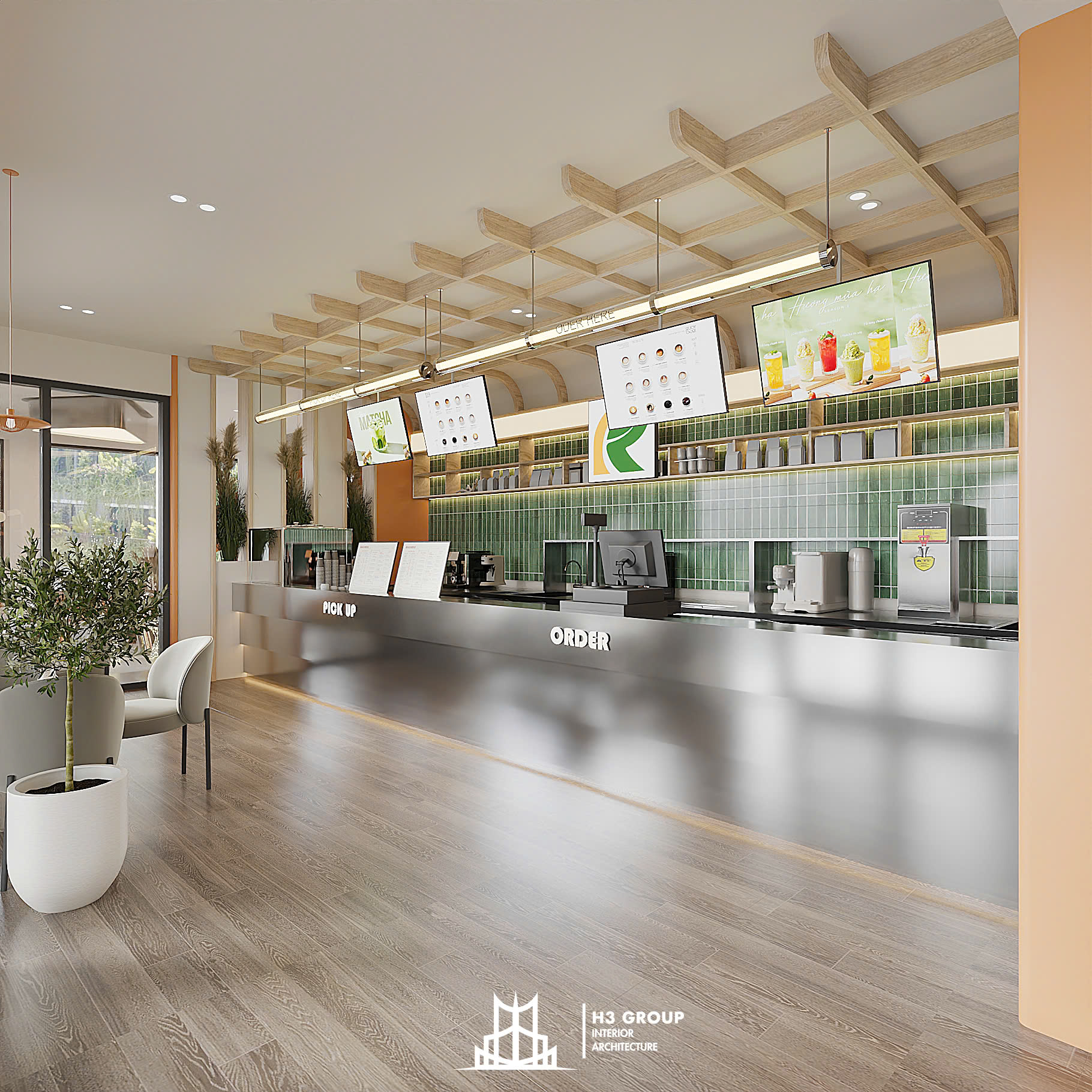 Biển hiệu và nhận diện thương hiệu được đặt tại vị trí trung tâm mặt tiền