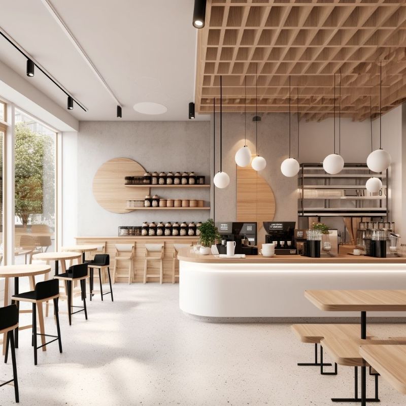 Thiết kế quán cafe văn phòng phong cách hiện đại sử dụng đường nét gọn gàng và tối giản để tạo cảm giác tinh tế