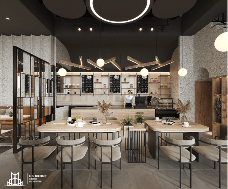 Bố cục không gian quán cafe cần phân chia khu vực rõ ràng, tối ưu diện tích và đảm bảo lối đi thông thoáng, thuận tiện