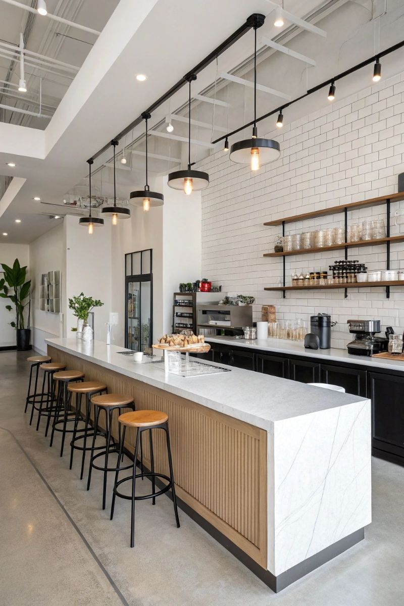 Thiết kế quán cafe văn phòng phong cách Scandinavian (Bắc Âu) kết hợp cây xanh và ánh sáng tự nhiên để tạo cảm giác thư giãn