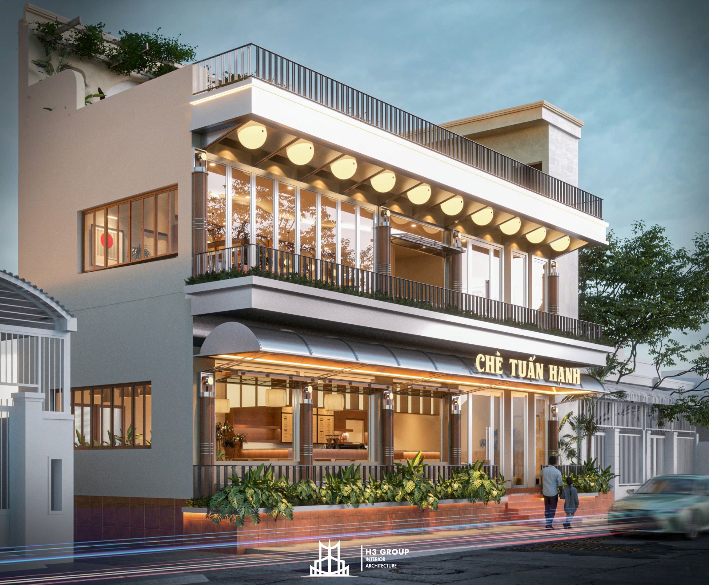 Điểm nhấn nổi bật ở mặt tiền là hệ cửa kính lớn ở tầng 1 và tầng 2