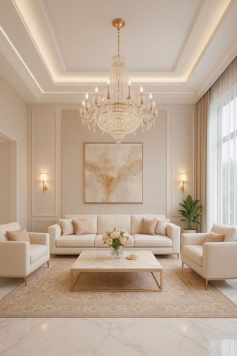 Phòng khách tân cổ điển nên được trang trí với đèn chùm pha lê, gương lớn và đồ decor đối xứng để giữ nét hài hòa và quý phái