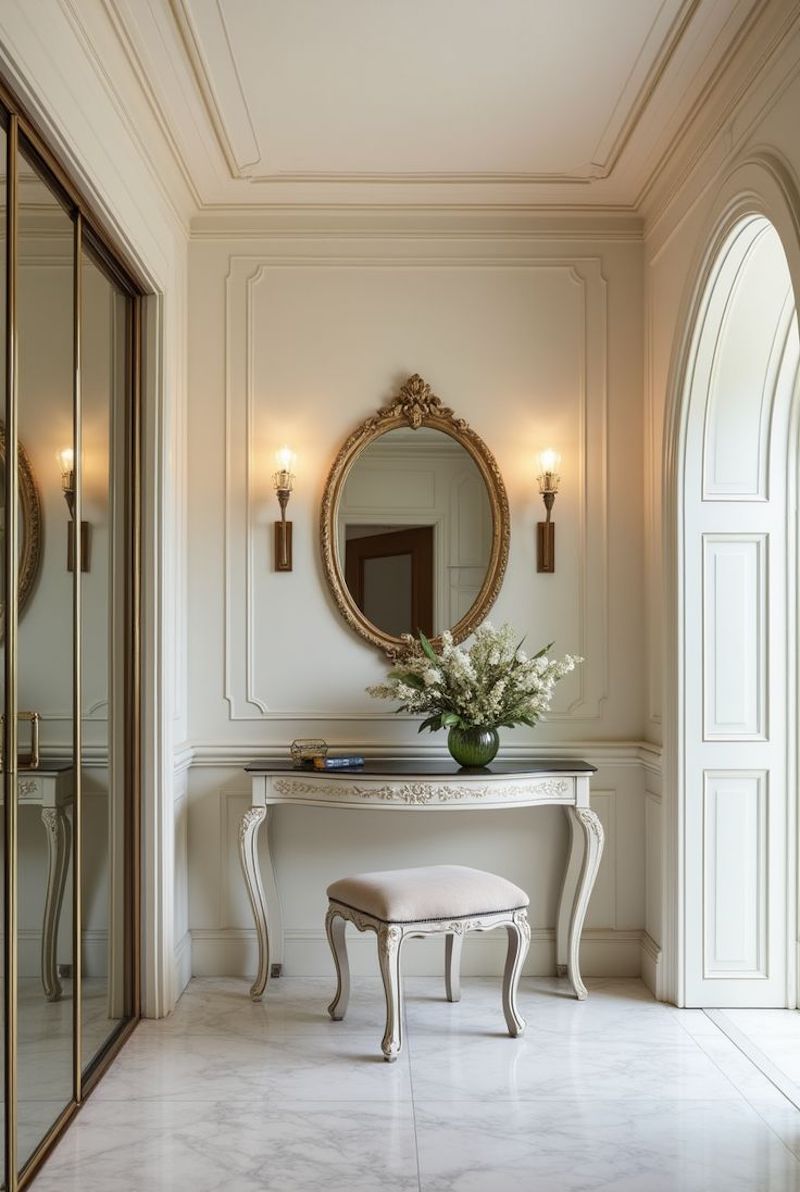 Trang trí hành lang tân cổ điển nên tập trung vào bàn console, gương khung mạ vàng và ánh sáng đèn tường để tạo ấn tượng sang trọng ngay lối vào