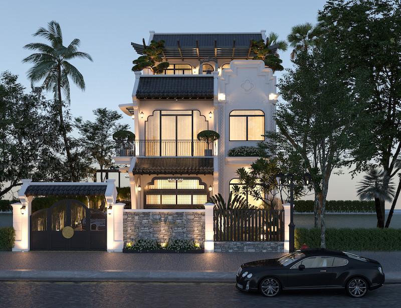 Biệt thự phong cách Indochine nổi bật với hệ cửa lá sách, lan can sắt mỹ thuật và các họa tiết Đông Dương đặc trưng