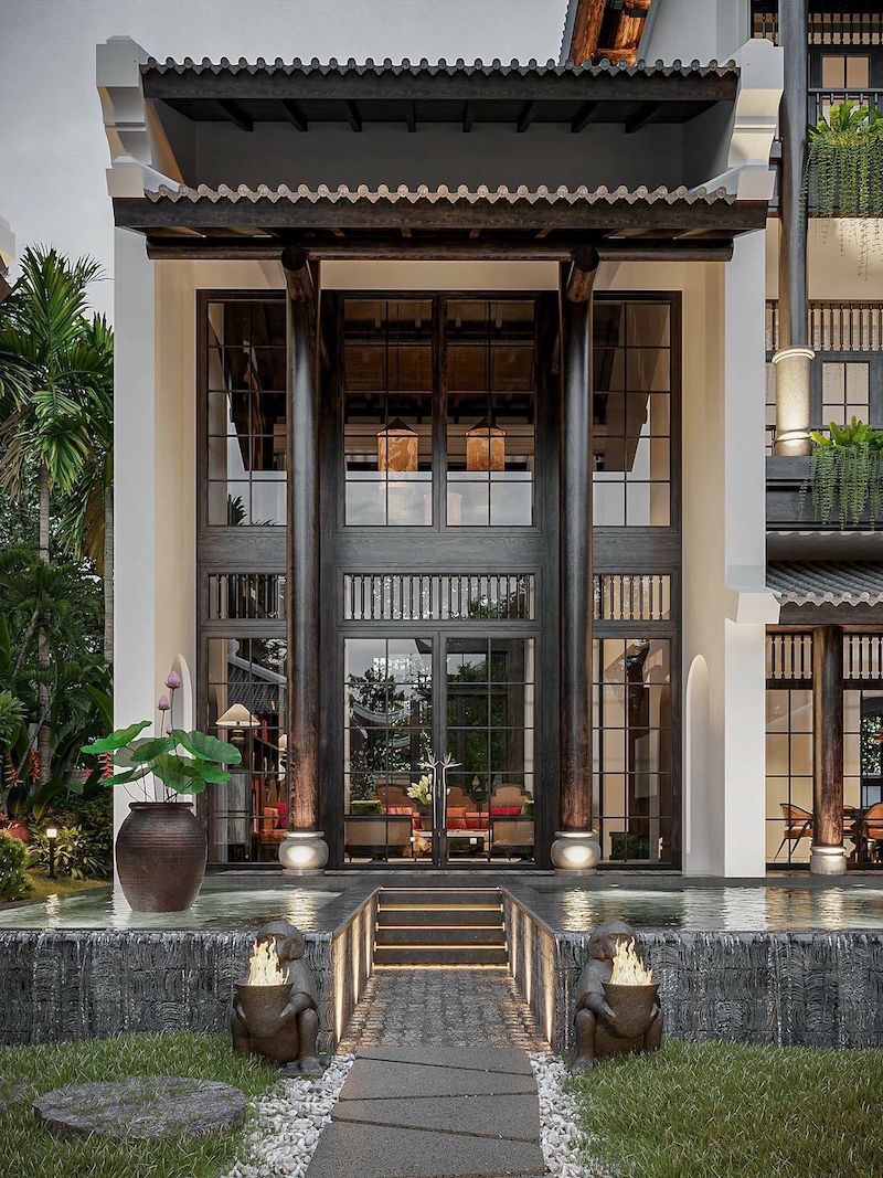 Vật liệu trong phong cách Indochine ngoại thất được thể hiện qua sự kết hợp hài hòa giữa gỗ tự nhiên, gạch bông, sắt mỹ thuật, đá tự nhiên và ngói đất nung