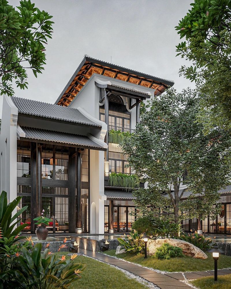 Sự phối hợp hài hòa giữa màu nền trung tính và điểm nhấn trầm ấm giúp phong cách Indochine ngoại thất vừa sang trọng, tinh tế vừa giữ được vẻ mộc mạc, tự nhiên đặc trưng