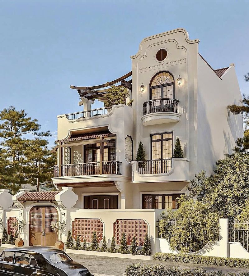 Hoa văn, họa tiết Indochine ngoại thất thể hiện qua phù điêu, gạch thông gió và chạm khắc Á Đông tinh tế