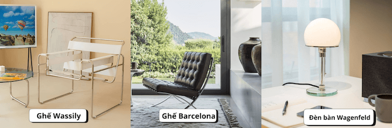Các sản phẩm nội thất biểu tượng trong phong cách Bauhaus là những món như ghế Wassily, ghế Barcelona, Đèn bàn Wagenfeld
