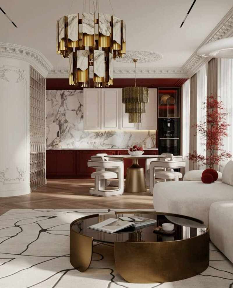 Trong thiết kế biệt thự phong cách cổ điển kết hợp hiện đại, màu trung tính cùng vật liệu cao cấp tạo nên không gian sang trọng mà vẫn tinh tế 