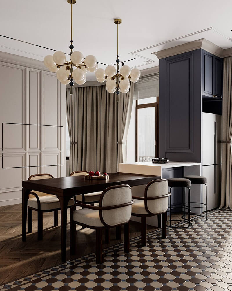 Thiết kế biệt thự cổ điển kết hợp hiện đại thường chú trọng ánh sáng tự nhiên để tôn vinh đường nét kiến trúc và vật liệu nội thất cao cấp