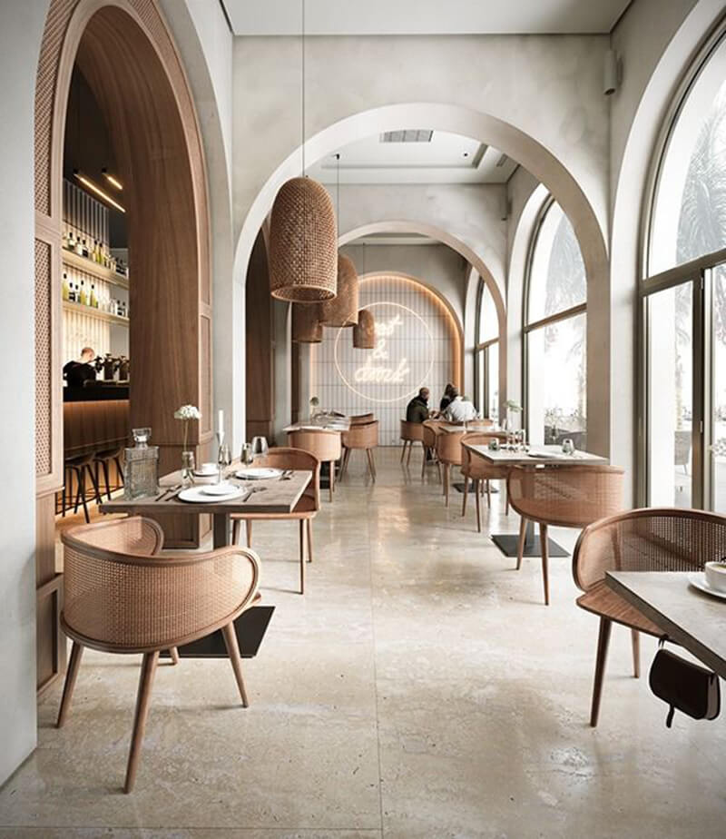 Trong thiết kế nhà hàng cổ điển pha hiện đại, các chi tiết phào chỉ, đèn chùm được tiết chế để không gian vừa đẹp, vừa tinh gọn