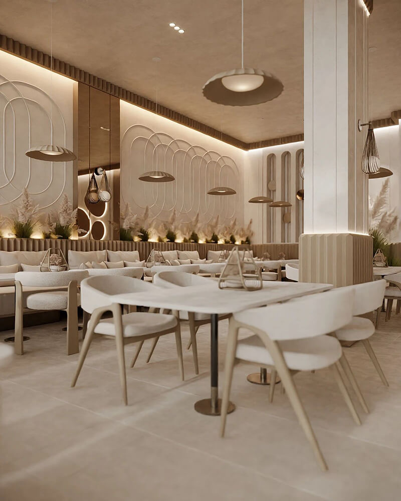 Thiết kế quán cafe cổ điển pha hiện đại kết hợp vật liệu tự nhiên như gỗ, đá với kim loại sáng để tạo cảm giác cân bằng và thời thượng 