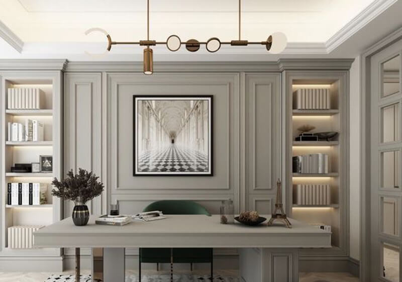 Văn phòng phong cách cổ điển pha hiện đại sử dụng gam màu trung tính, vật liệu cao cấp và đường nét gọn gàng để tạo sự cân bằng hoàn hảo
