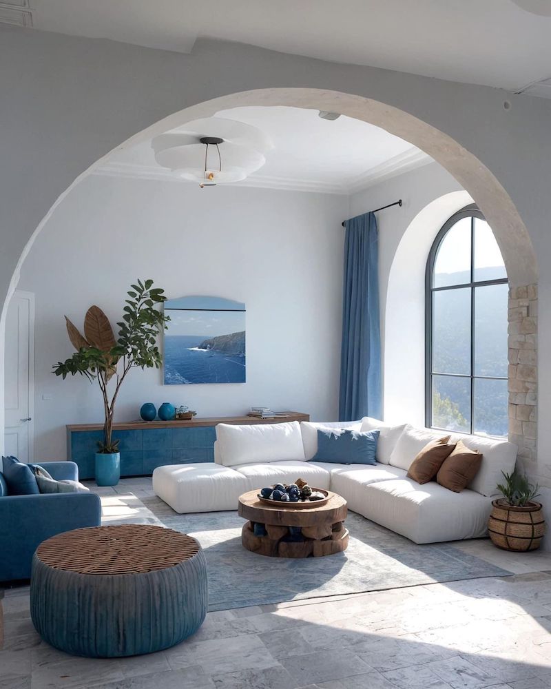 Thiết kế chung cư, nhà phố Địa Trung Hải thường lồng ghép cây xanh, gốm sứ và decor thủ công để tăng nét sinh động, nghệ thuật