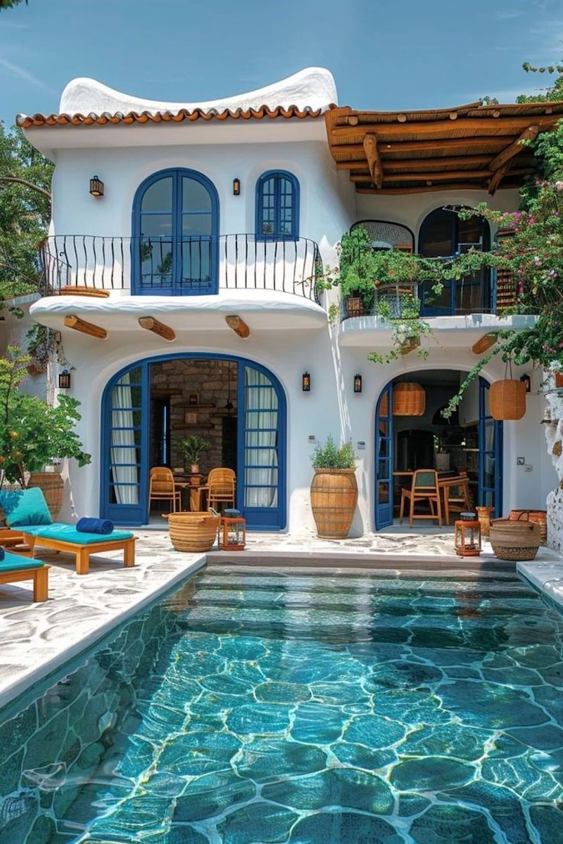 Thiết kế khách sạn phong cách Địa Trung Hải sử dụng gam màu trắng, xanh dương, be và nâu gỗ để gợi cảm giác thư giãn và sang trọng 