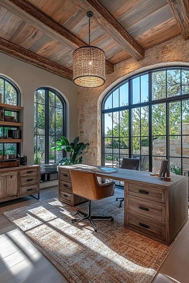 Thiết kế phòng làm việc phong cách Địa Trung Hải tận dụng ánh sáng tự nhiên, giúp không gian luôn tươi mới và giảm căng thẳng 