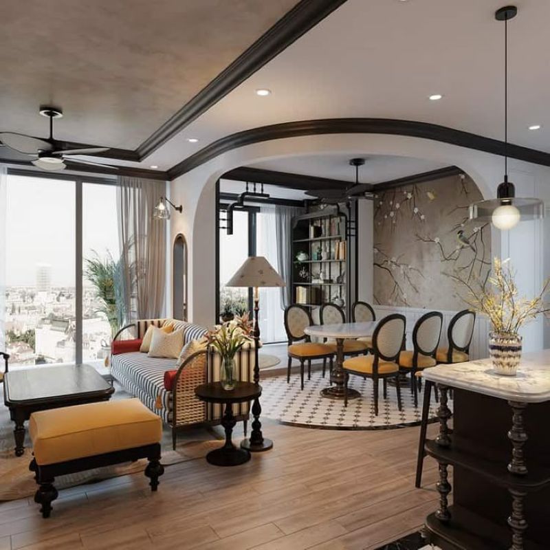Sự kết hợp khéo léo giữa nội thất tối giản và chi tiết trang trí Á Đông mang đến tổng thể hài hòa, cân bằng giữa thẩm mỹ và công năng
