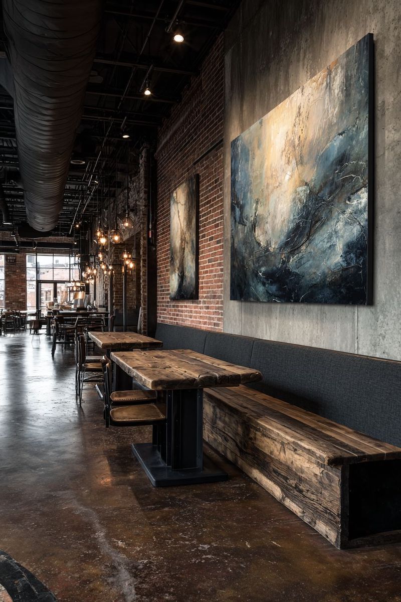 Thiết kế quán cafe Industrial thường giữ nguyên tường gạch trần, trần bê tông và khung thép lộ thiên để tạo cảm giác chân thực