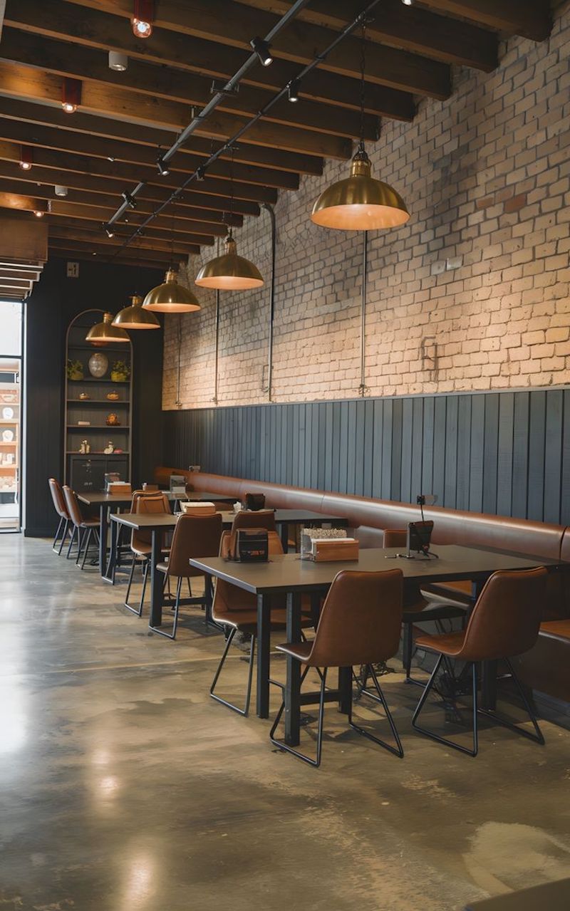 Tường bê tông trần, khung thép đen và ánh sáng vàng tạo nên bầu không khí vừa sang trọng vừa gần gũi