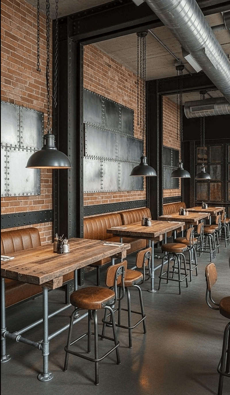 Bàn ghế gỗ, da và kim loại giúp không gian nhà hàng vừa ấm áp vừa thể hiện sự bền vững, tinh tế