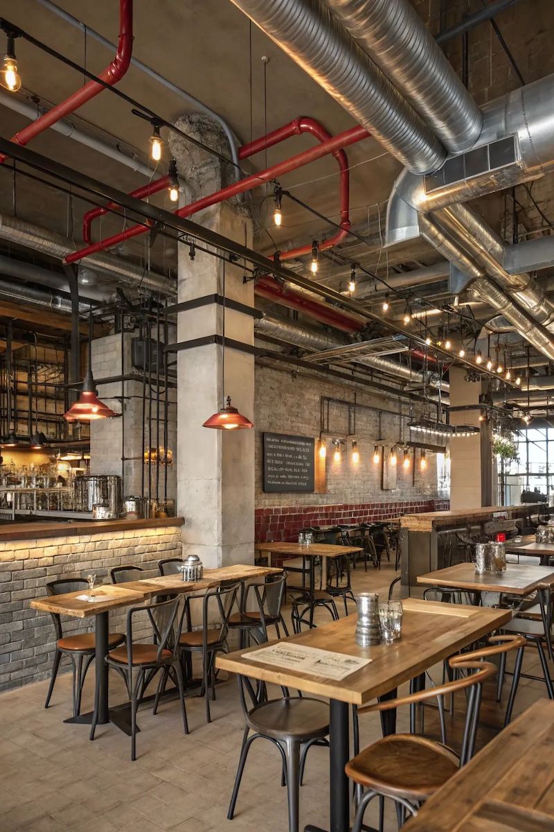 Phong cách Industrial giúp nhà hàng nổi bật bản sắc thương hiệu, đặc biệt khi kết hợp cùng decor nghệ thuật hoặc chi tiết vintage