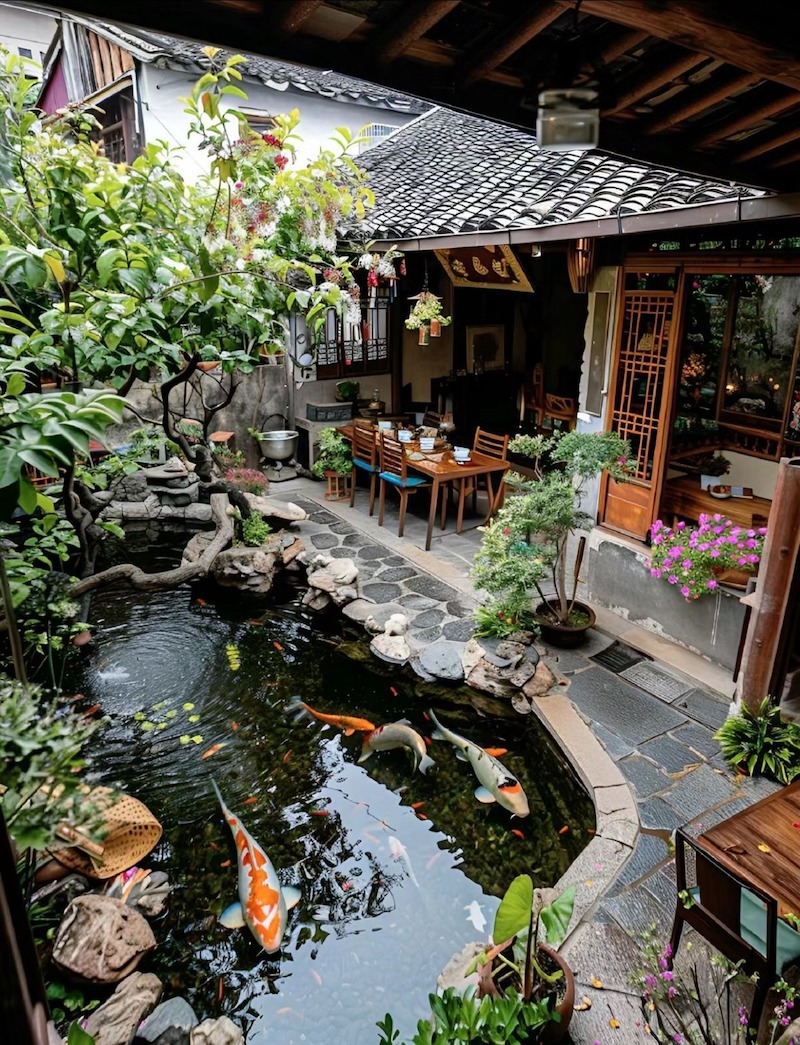 Thiết kế quán cà phê, nhà hàng phong cách Nhật Bản kết hợp tiểu cảnh zen, hồ nước hoặc cây xanh, mang lại trải nghiệm gần gũi thiên nhiên 