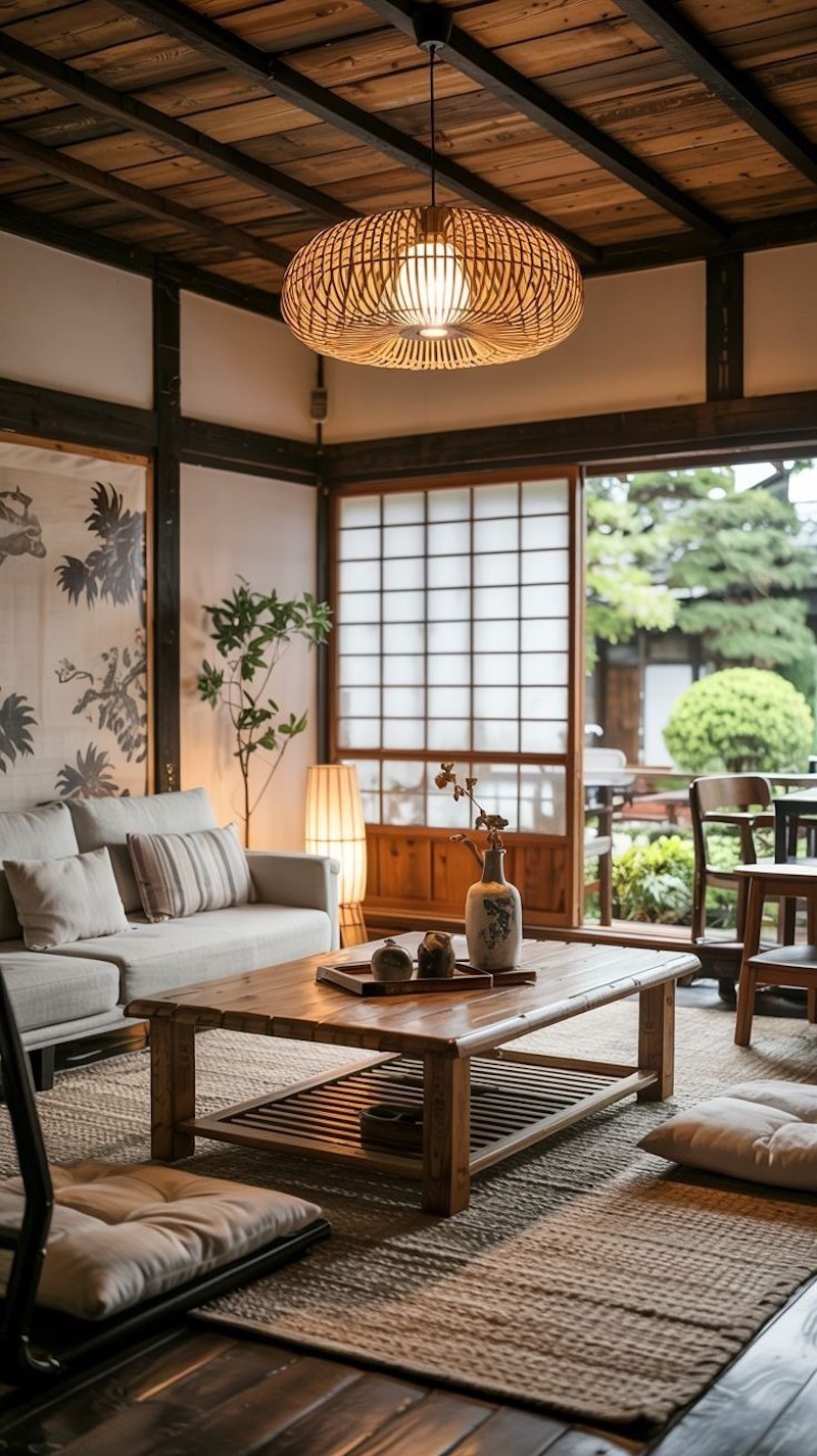 Trong phong cách thiết kế Nhật Bản, ưu tiên sử dụng vật liệu tự nhiên, thô mộc như gỗ, tre, đá và giấy để tạo không gian gần gũi, ấm áp và hài hòa với thiên nhiên 