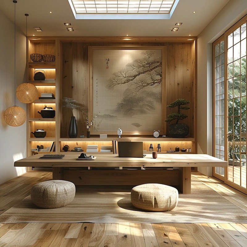 Thiết kế văn phòng, không gian làm việc phong cách Nhật Bản chú trọng tỷ lệ và vị trí ánh sáng nhân tạo, đảm bảo ánh sáng đầy đủ mà không gây chói mắt 