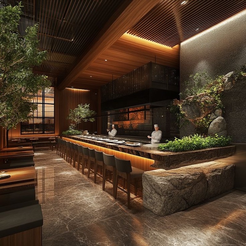 Sự hòa quyện giữa truyền thống và hiện đại trong phong cách nội thất Nhật Bản giúp nhà hàng trở nên khác biệt, thanh lịch và giàu cảm xúc