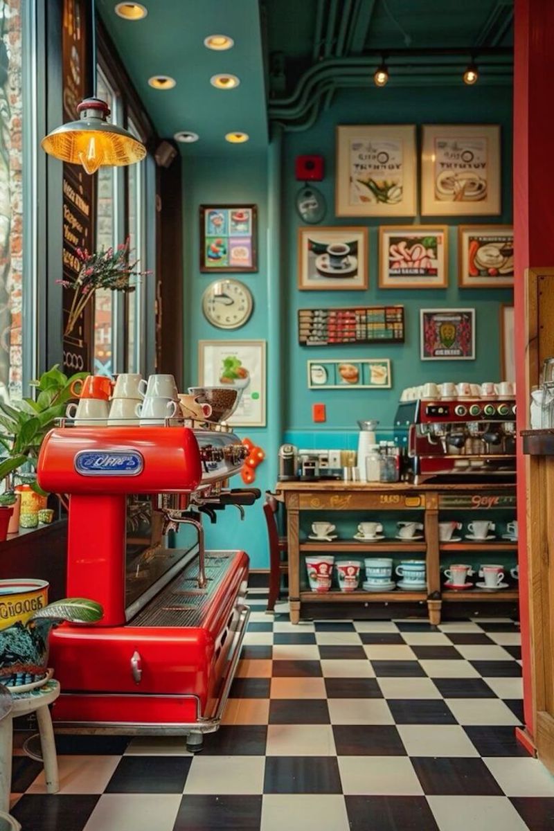 Phong cách Retro trong quán cà phê sử dụng ánh sáng vàng dịu và đèn chụp vải cổ điển, mang đến cảm giác gần gũi, thư giãn