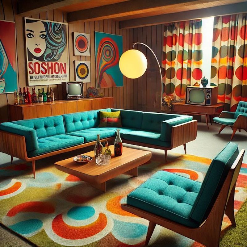 Màu sắc trong phong cách Retro thường táo bạo và tương phản mạnh, kết hợp những gam nổi như cam, vàng, xanh ngọc hay đỏ đô để tạo điểm nhấn sống động