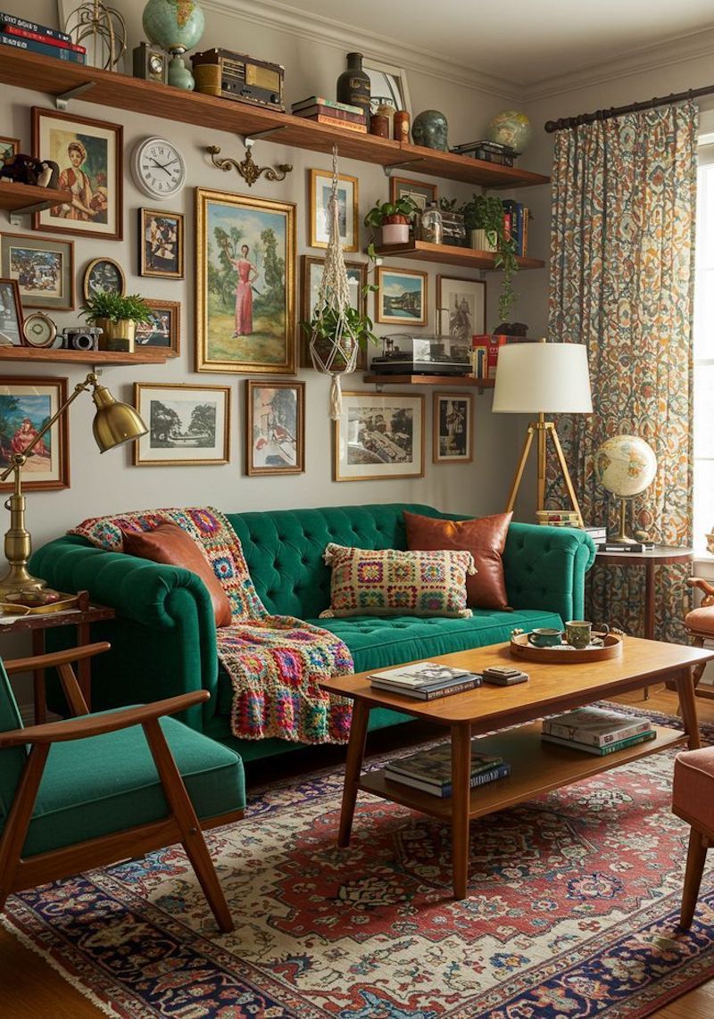 Phong cách Retro sử dụng họa tiết hình học, tranh poster cổ điển và gạch bông để tạo điểm nhấn cho không gian