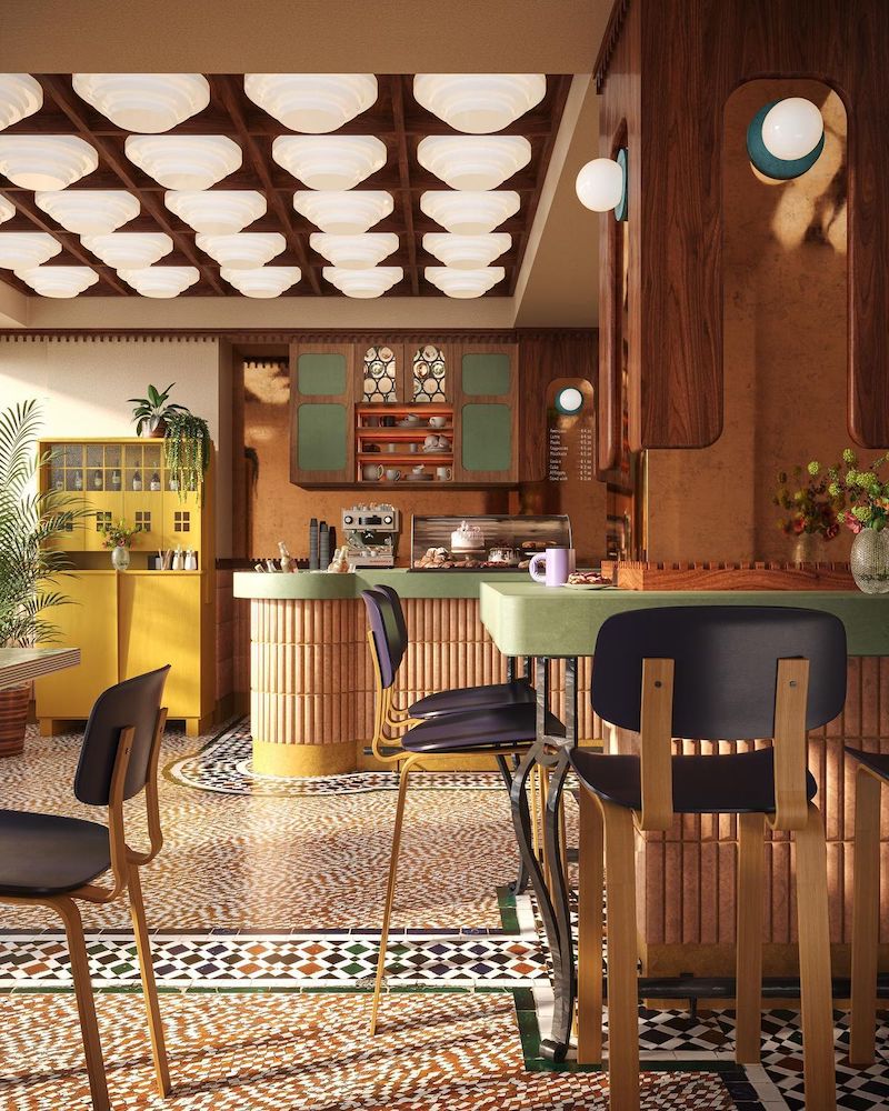 Phong cách Retro sử dụng bảng màu rực rỡ như cam đất, vàng mù tạt và xanh ngọc, giúp nhà hàng nổi bật ngay từ cái nhìn đầu tiên