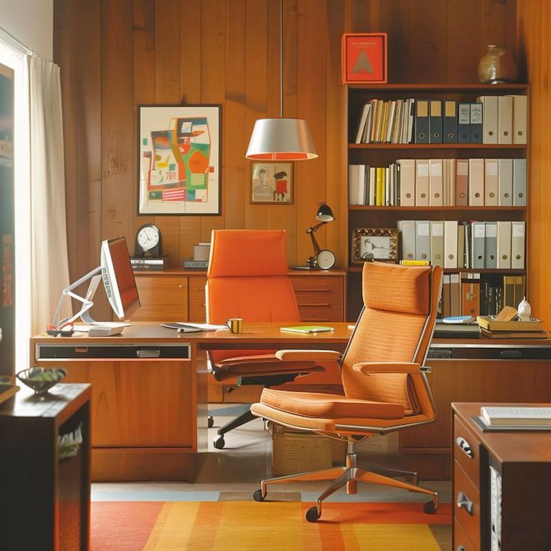 Phong cách Retro trong phòng làm việc bố trí kệ sách, tủ hồ sơ và vật dụng trang trí theo cách linh hoạt, tạo cảm giác thoải mái và gần gũi