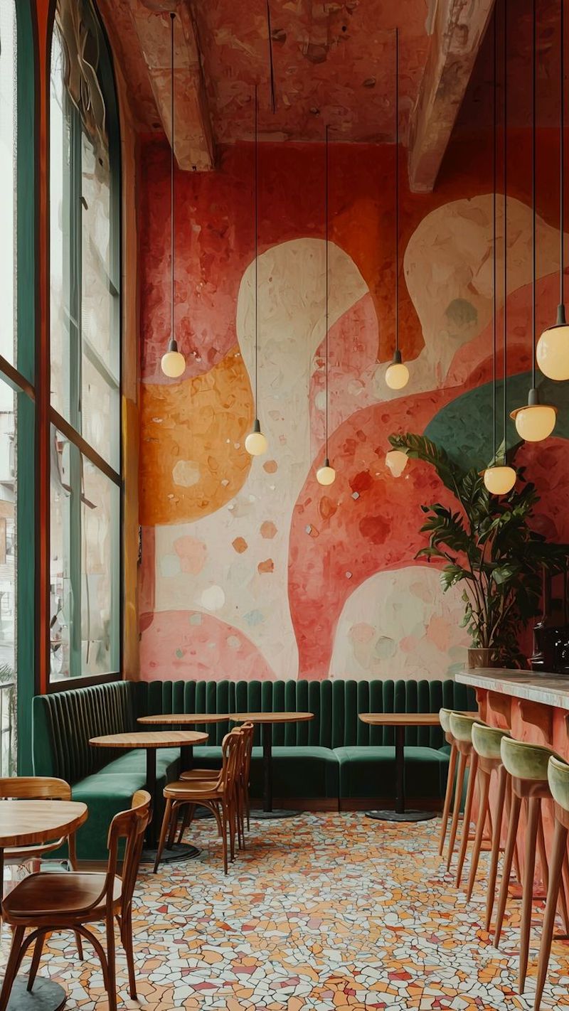 Phong cách Retro sử dụng bảng màu rực rỡ và tương phản mạnh, giúp quán cà phê trở nên nổi bật ngay từ cái nhìn đầu tiên