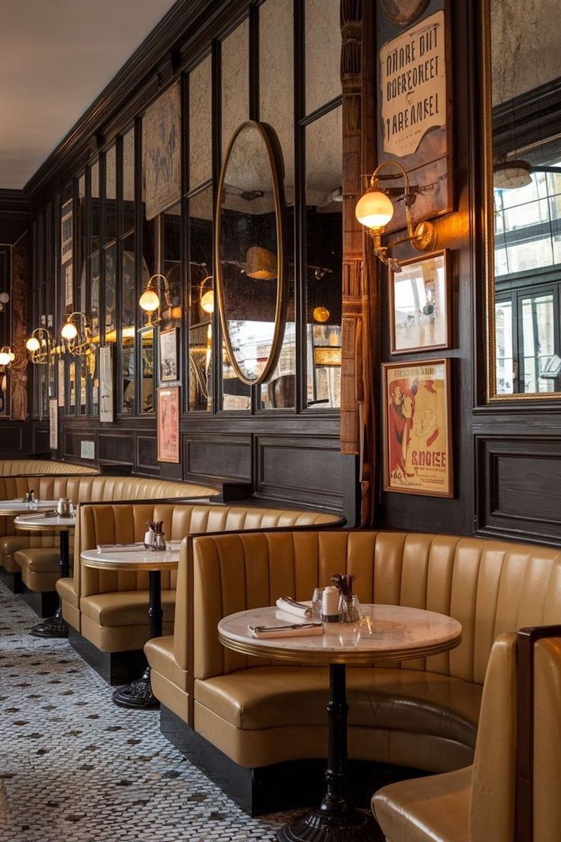 Những bức tường sơn nhám, khung cửa vòm và đèn treo đồng giúp nhà hàng tái hiện tinh thần Paris xưa đầy quyến rũ