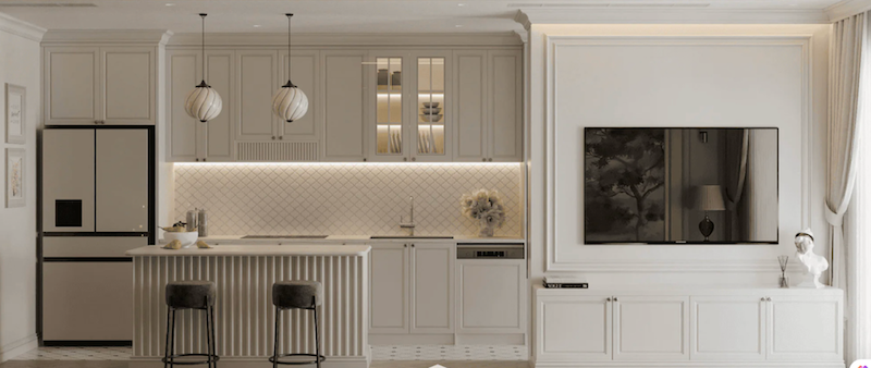 Thiết kế nhà ở, biệt thự phong cách tân cổ điển hiện đại tạo điểm nhấn bằng các chi tiết phào chỉ tinh giản, vừa đủ để toát lên sự thanh lịch