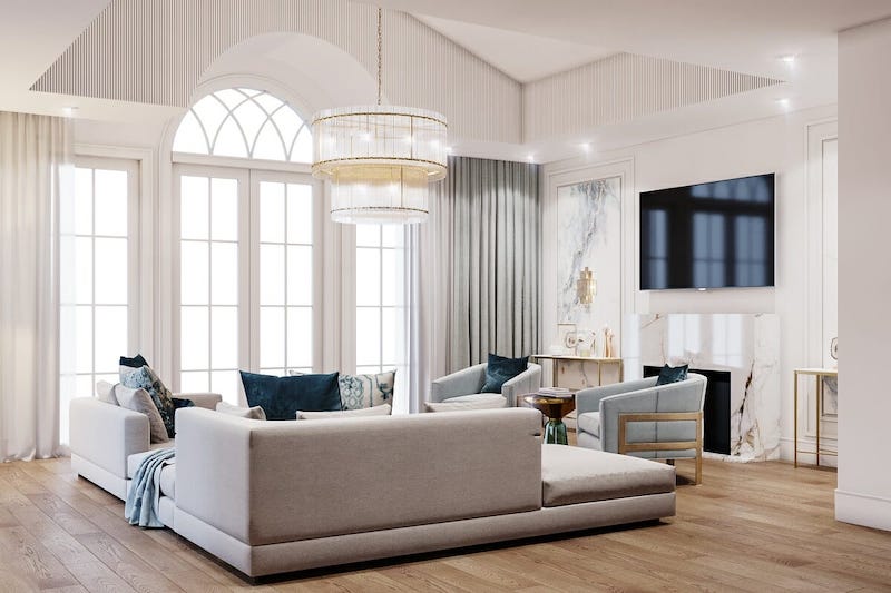 Việc sử dụng ánh sáng tự nhiên kết hợp đèn chùm trong phong cách tân cổ điển hiện đại giúp không gian trở nên ấm áp, sang trọng, tôn lên đường nét nội thất và tạo chiều sâu thẩm mỹ