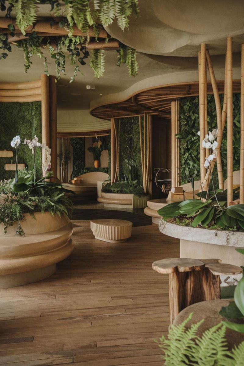 Spa phong cách Tropical mang đến không gian thư giãn tràn ngập cây xanh, giúp khách hàng cảm nhận hơi thở thiên nhiên ngay khi bước vào 