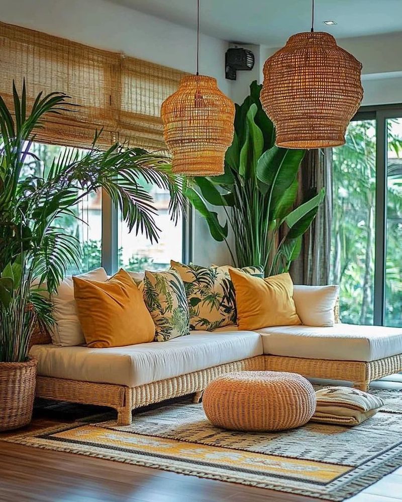 Họa tiết nhiệt đới và màu sắc tươi sáng trên gối, rèm, thảm hay tranh treo tường tạo điểm nhấn sinh động, mang lại cảm giác vui tươi và gần gũi thiên nhiên