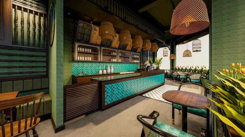 Thiết kế quán cafe phong cách Việt thường kết hợp tranh dân gian, gốm sứ và đồ thủ công để tạo điểm nhấn văn hóa 