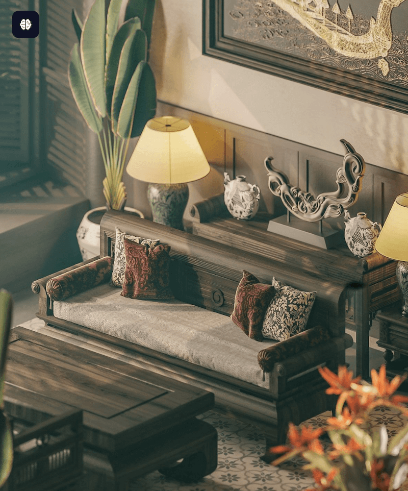 Thiết kế nhà ở phong cách Việt sử dụng bảng màu trung tính như nâu, be, trắng, xanh lá để tạo sự nhẹ nhàng và thư thái