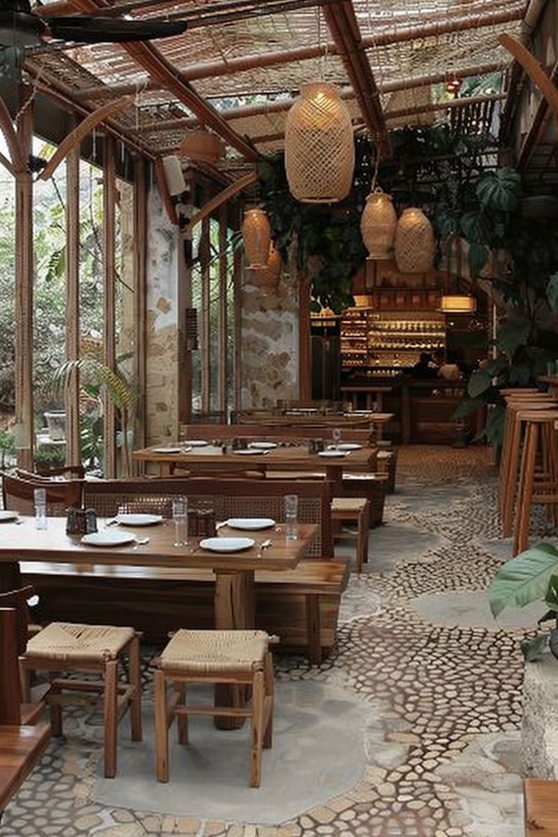 Thiết kế nhà hàng phong cách Việt chú trọng bố cục thoáng đãng, nhiều ánh sáng tự nhiên và cây xanh để tạo sự thư giãn