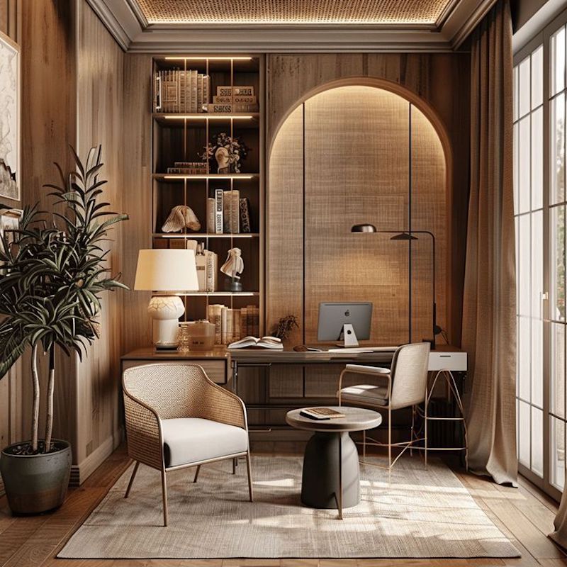 Thiết kế phòng làm việc phong cách Việt tạo điểm nhấn bằng cây xanh và vật dụng thủ công, giúp không gian sinh động và gần gũi hơn