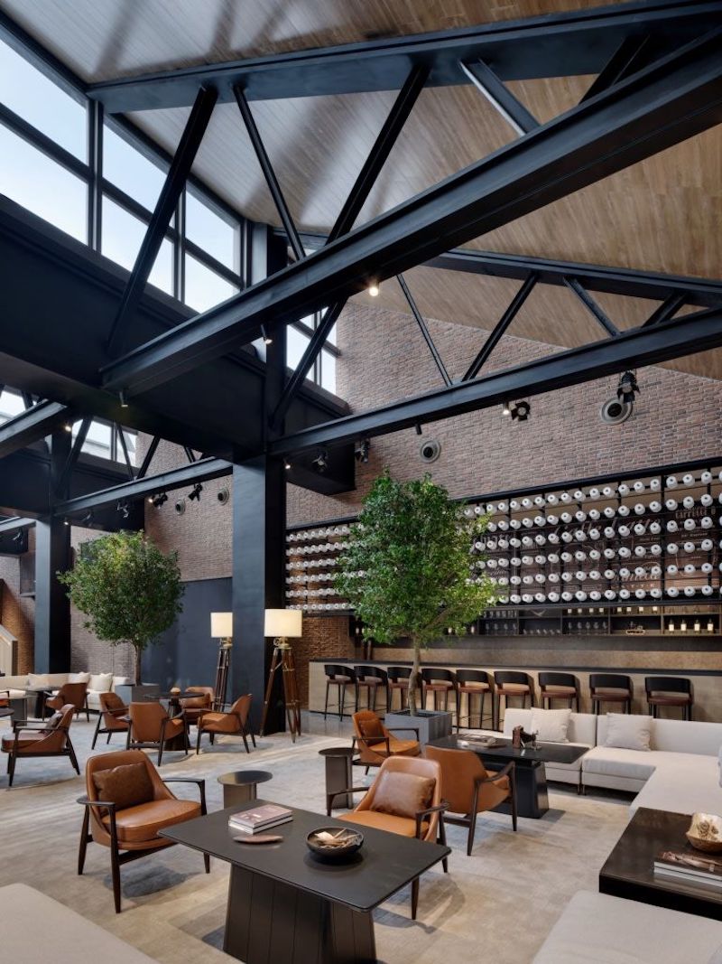 Nội thất tối giản được bố trí hợp lý trong nhà hàng khung thép phong cách Modern, mang đến vẻ hiện đại và tiện nghi đồng bộ 