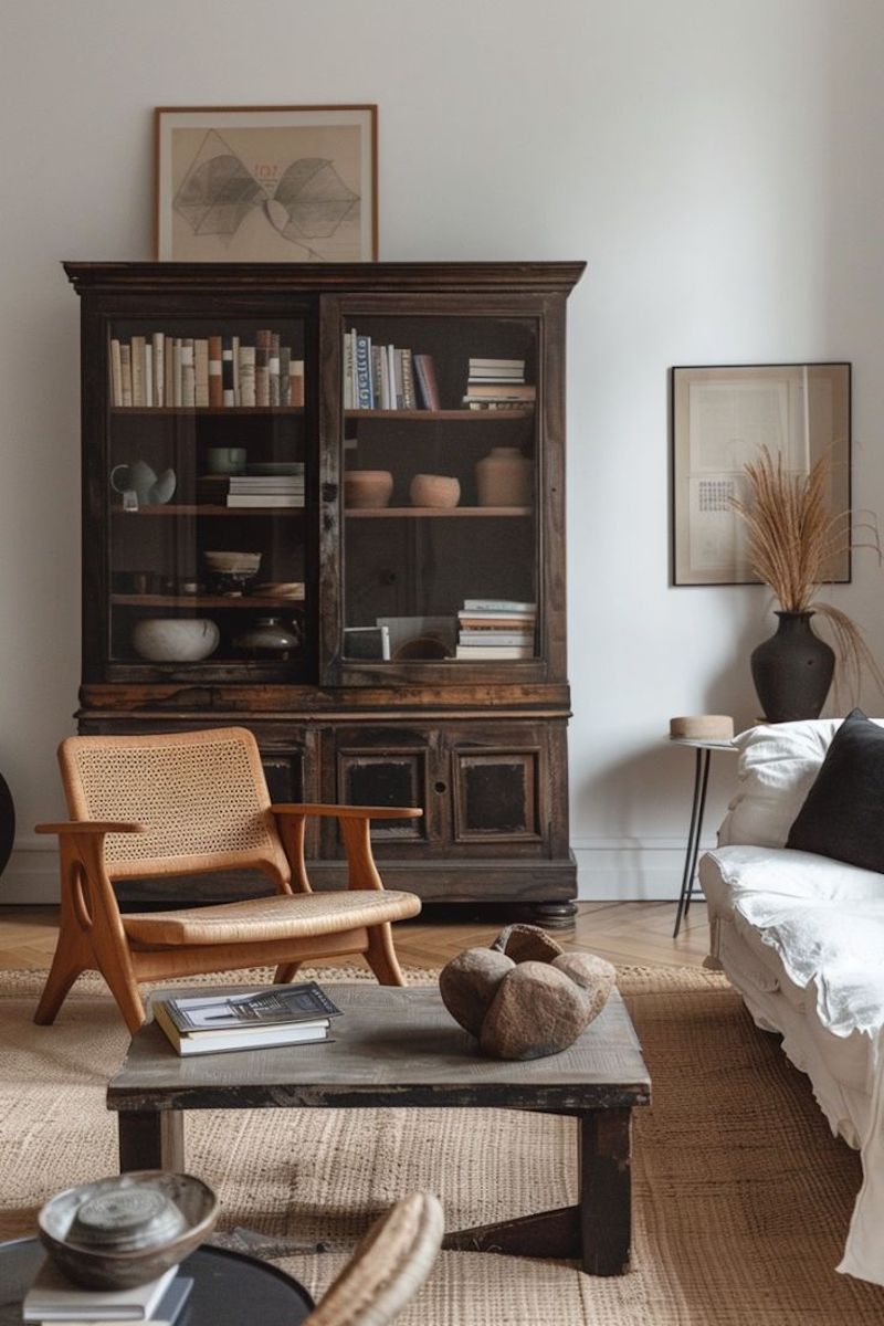 Thiết kế nội thất phòng khách Vintage cổ điển trang bị tủ trưng bày cổ điển vừa lưu giữ đồ vật vừa làm điểm nhấn nghệ thuật